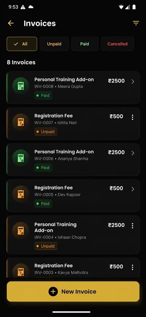 AnthroGym invoices and billing screen showing payment status