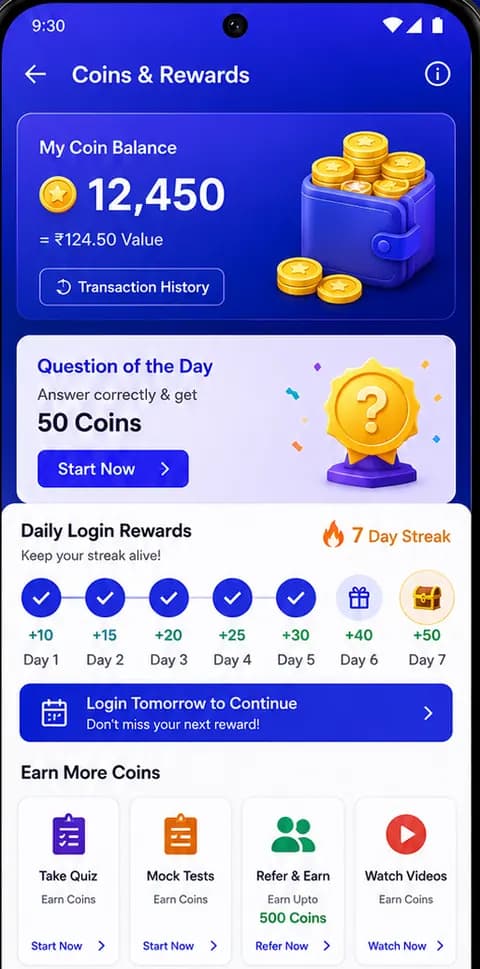 RajExamPrep coins and rewards screen showing daily login rewards and ways to earn coins
