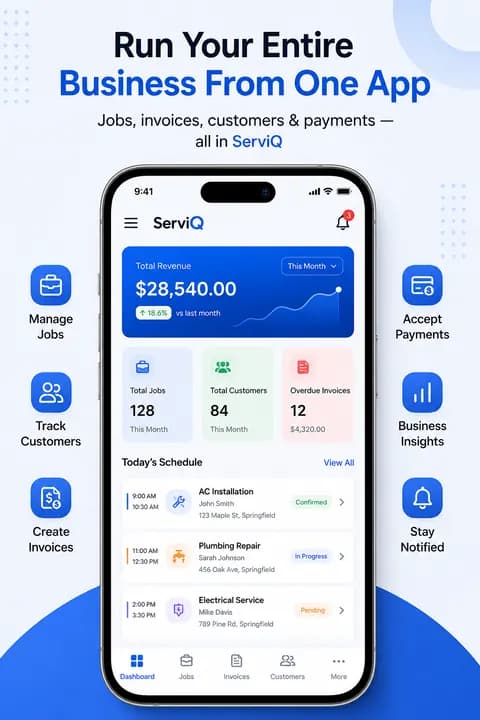 Serviq dashboard showing total revenue, jobs, customers and today’s schedule