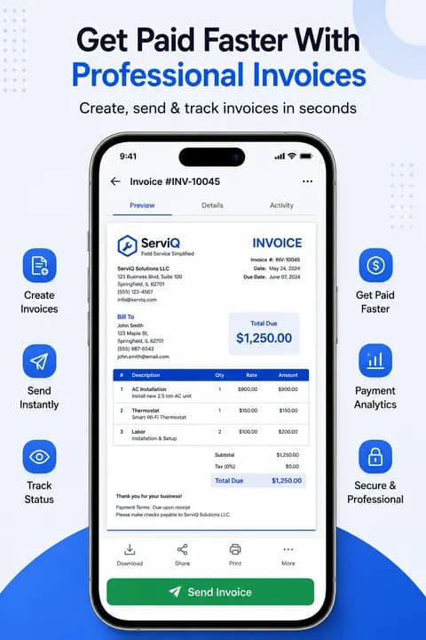 Serviq invoice screen showing a professional PDF invoice ready to send