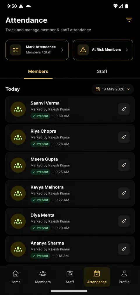 AnthroGym attendance tracking screen with at-risk member detection