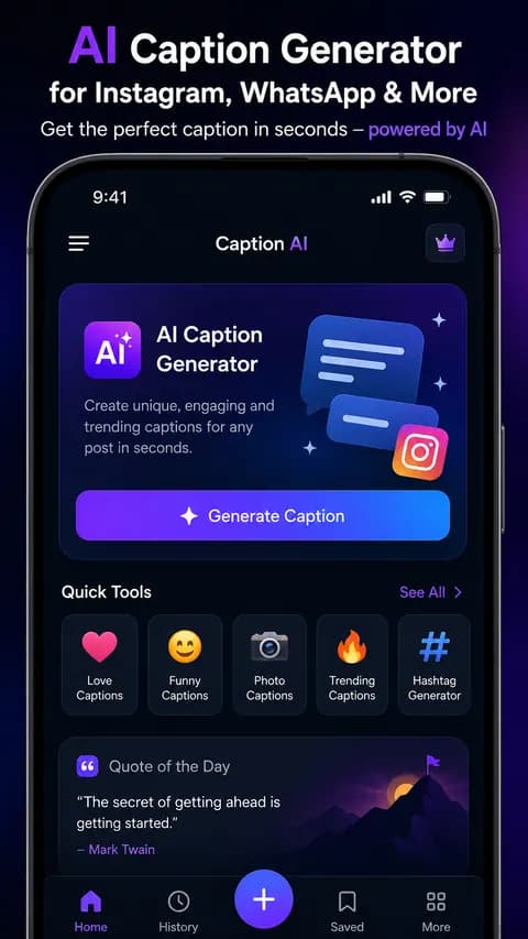 Caption AI home screen with the AI caption generator and quick tools