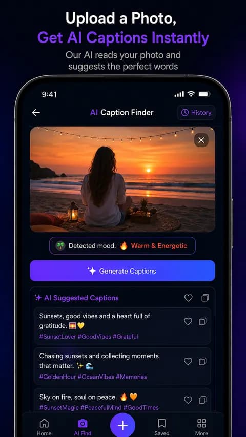 Caption AI photo caption finder screen showing a detected mood and suggested captions