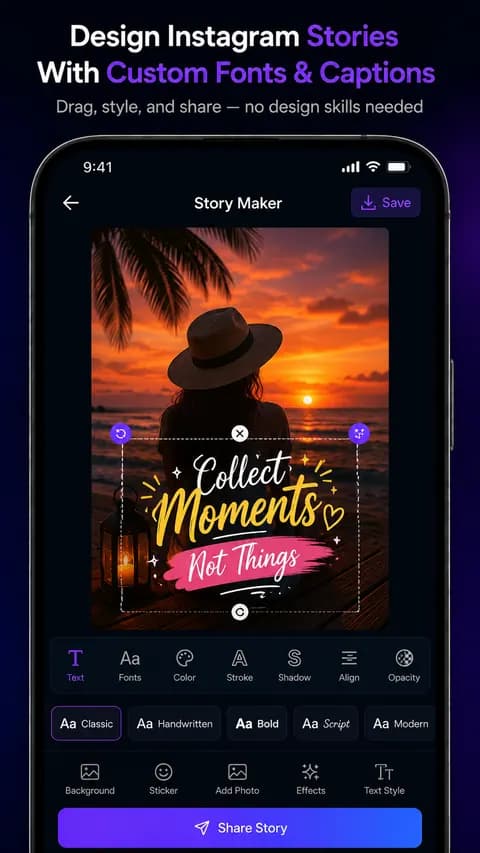 Caption AI story maker screen showing a photo with custom caption text styling
