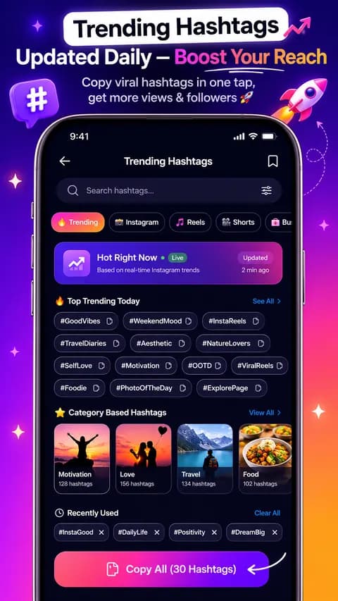 Caption AI trending hashtags screen organized by category