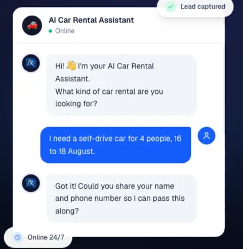 RentalMind AI chat widget capturing a car rental enquiry and marking it as a lead