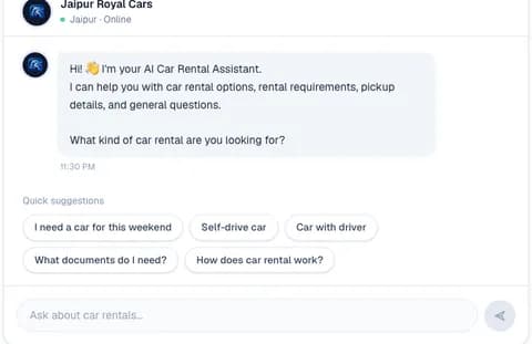 RentalMind AI live assistant demo for a car rental business with quick-suggestion prompts