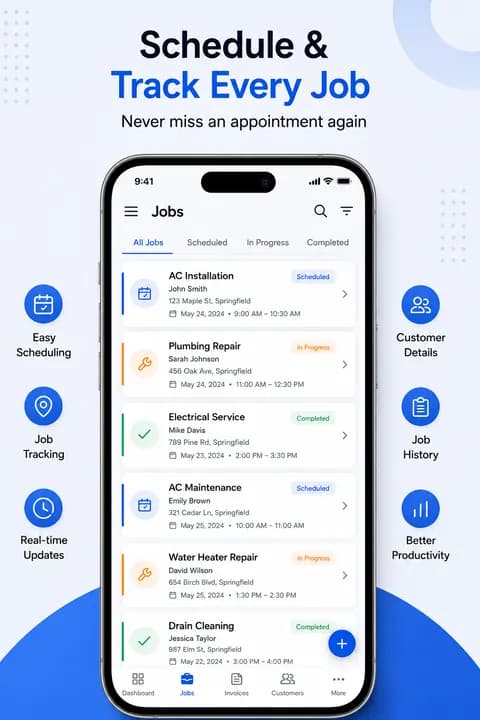 Serviq jobs screen showing scheduled, in-progress and completed jobs